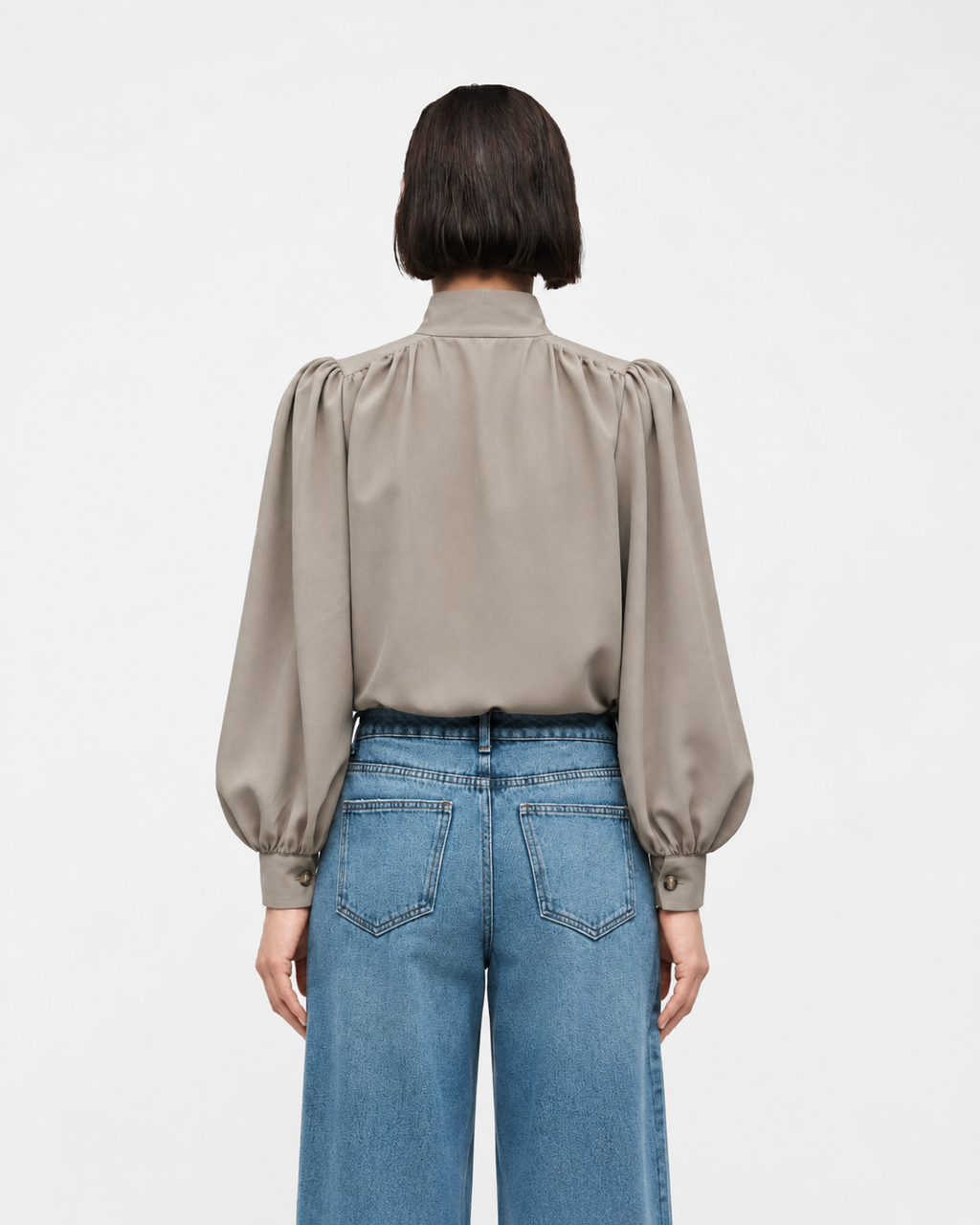 High-Neck Button-Front Blouse  Taupe   27211