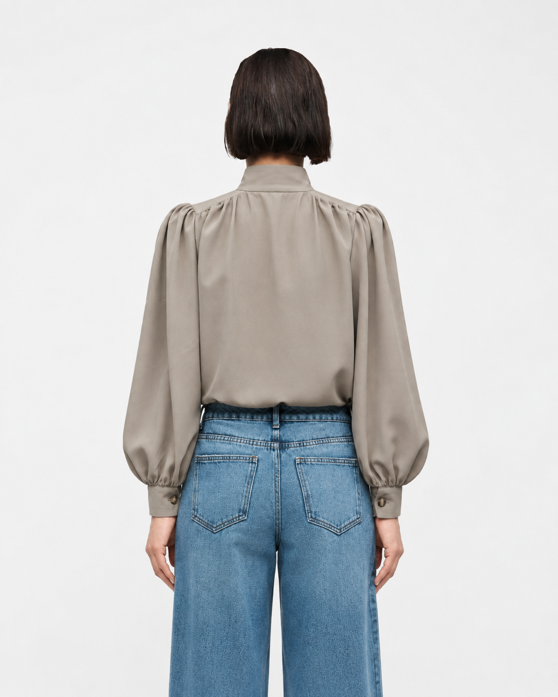 High-Neck Button-Front Blouse  Taupe   27211