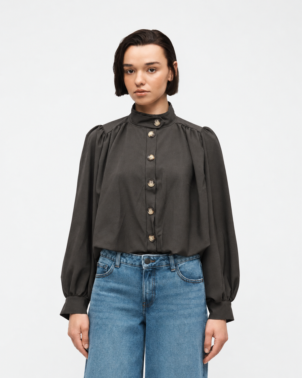 High-Neck Button-Front Blouse  Brown  27211