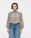 High-Neck Button-Front Blouse  Taupe   27211