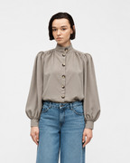 High-Neck Button-Front Blouse  Taupe   27211