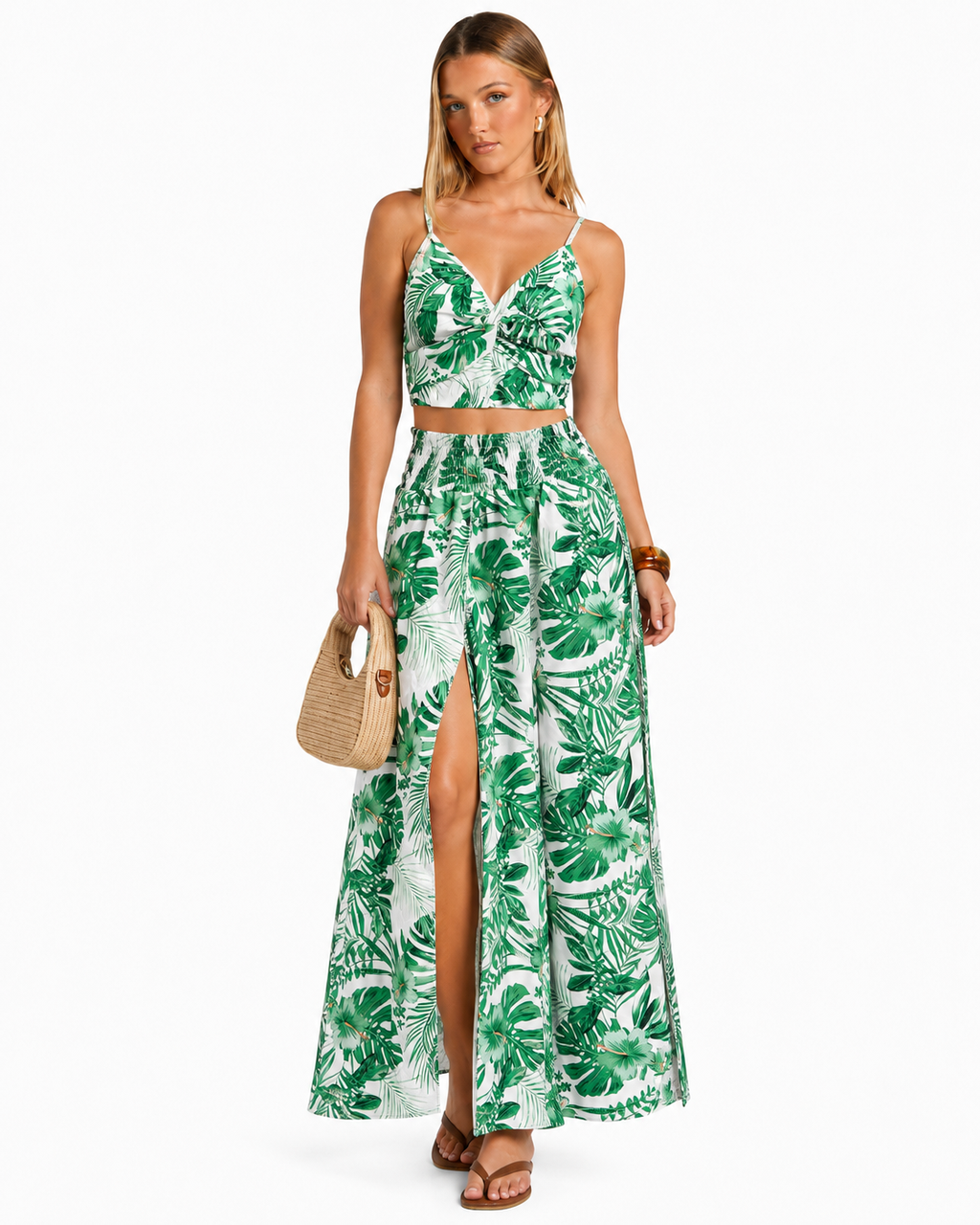 Wide Leg Floral Trouser With Side Split And Top  GREEN / WHITE