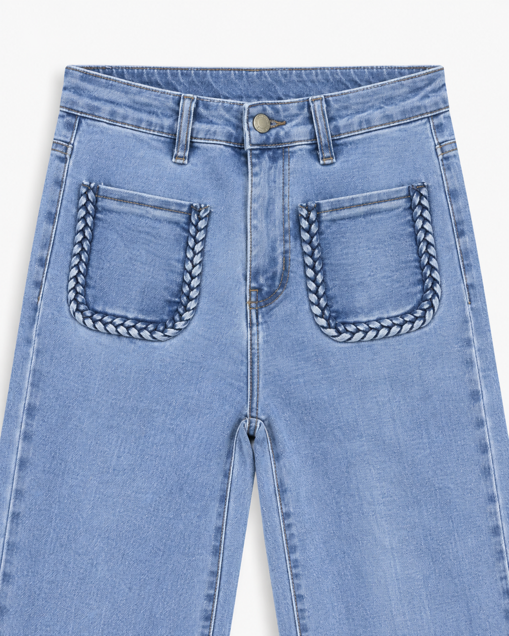 Vintage Inspired Braided Pocket Wide Leg Denim Jeans    Y6759R