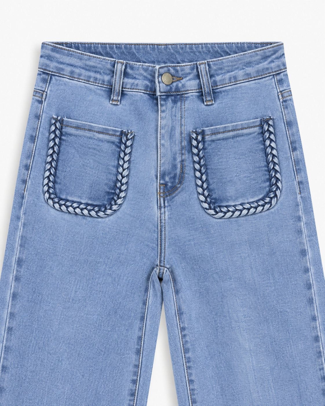 Vintage Inspired Braided Pocket Wide Leg Denim Jeans    Y6759R