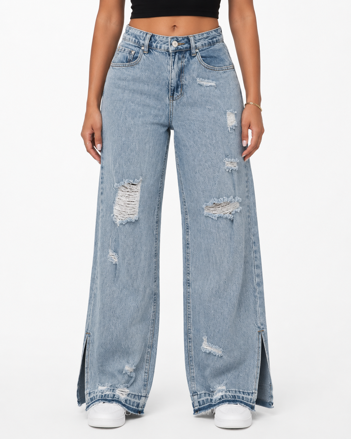 Distressed High-Waisted Mom Jeans. T57