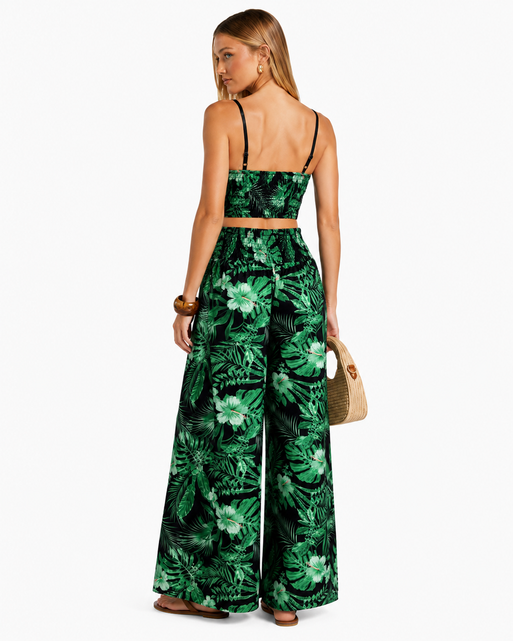 Wide Leg Floral Trouser With Side Split And Top  BLACK / GREEN