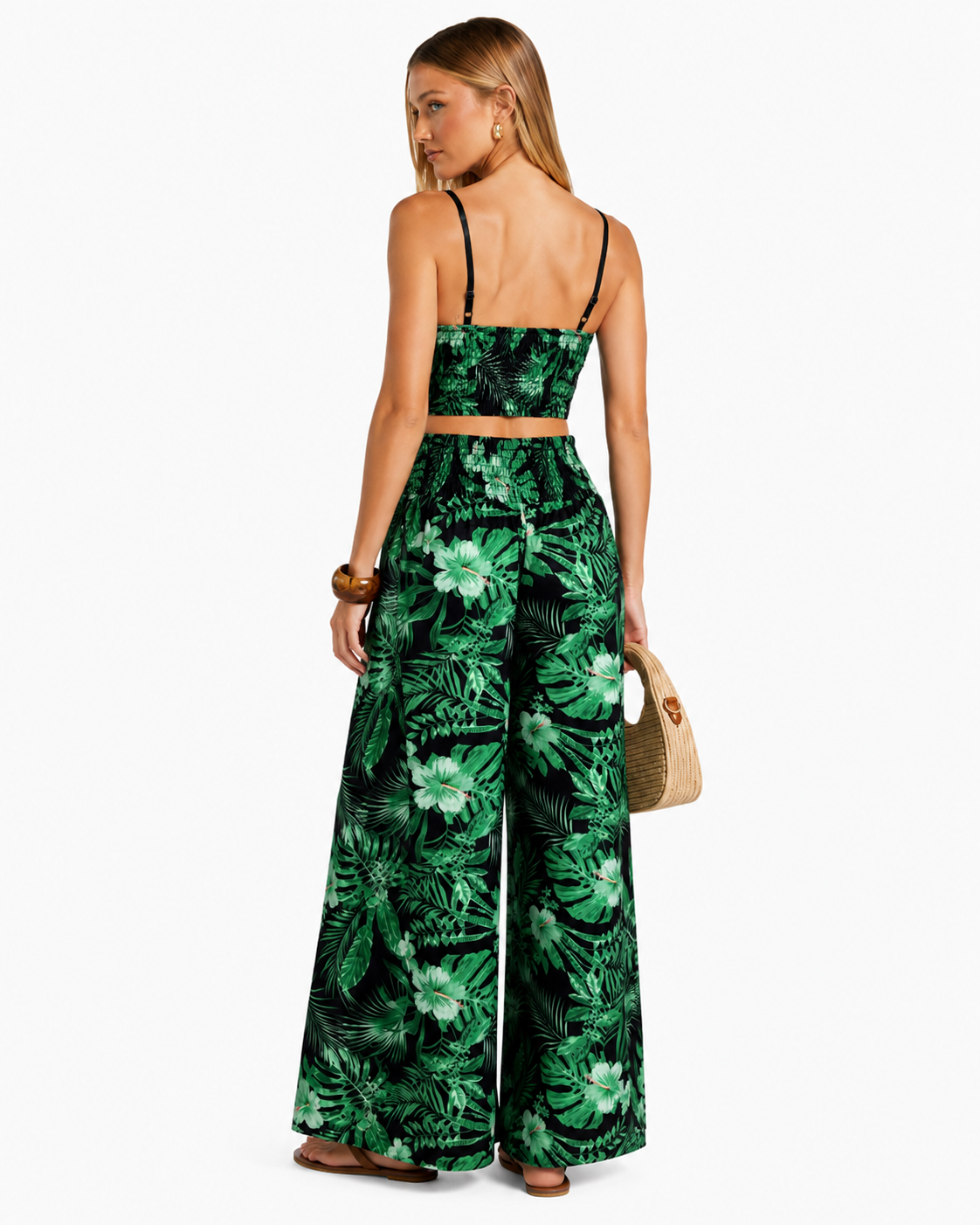 Wide Leg Floral Trouser With Side Split And Top  BLACK / GREEN