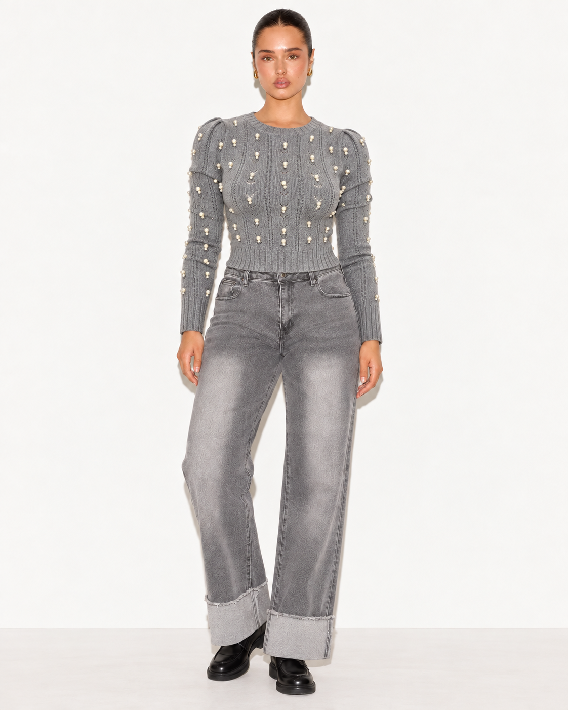 Pearl Embellished Cable Knit  Crop Jumper Grey    ZS5316