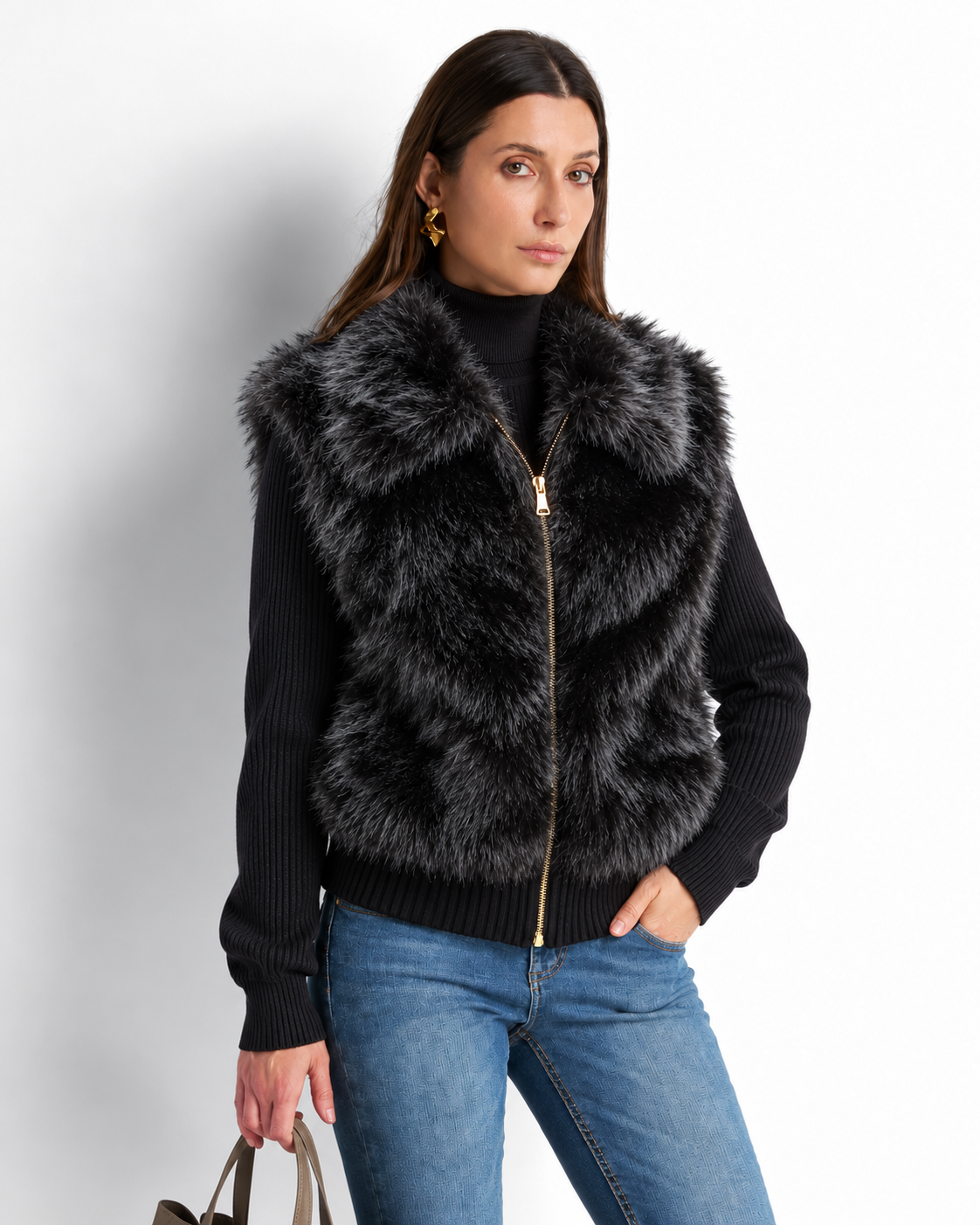 Faux Fur Gilet with Detachable Sleeves – 2-in-1 Jacket Black  V8082