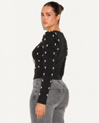 Pearl Embellished Cable Knit  Crop Jumper Black ZS5316