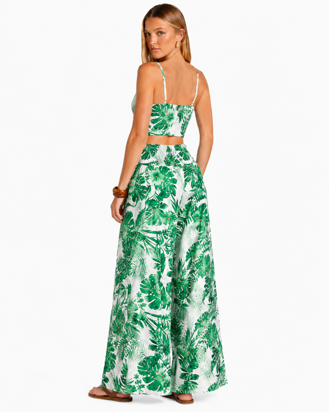 Wide Leg Floral Trouser With Side Split And Top  GREEN / WHITE