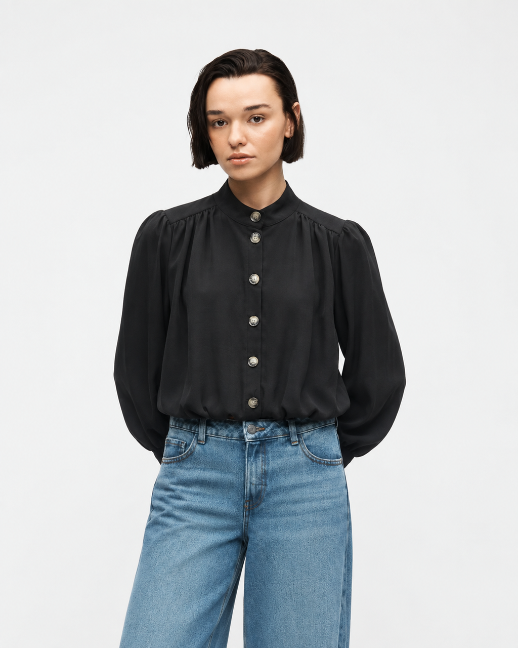 High-Neck Button-Front Blouse  Black   27211