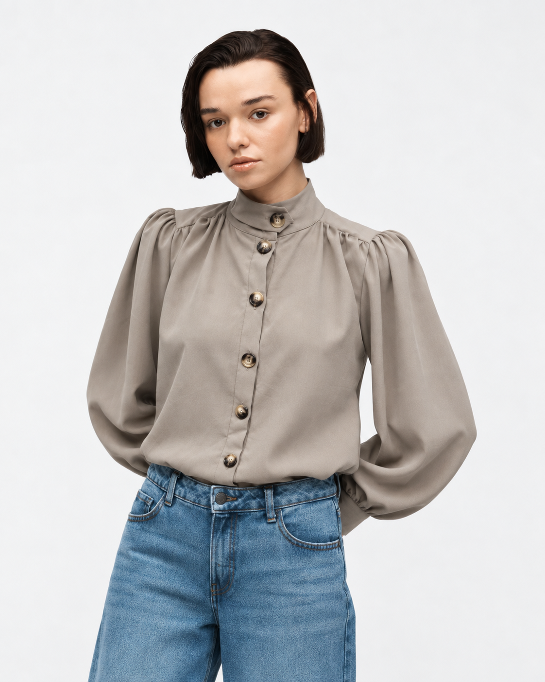 High-Neck Button-Front Blouse  Taupe   27211