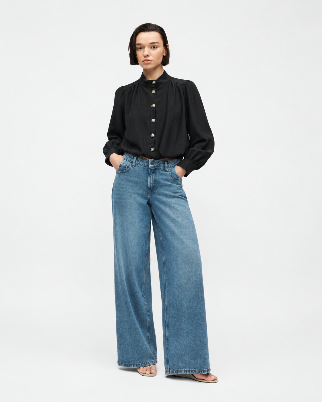 High-Neck Button-Front Blouse  Black   27211