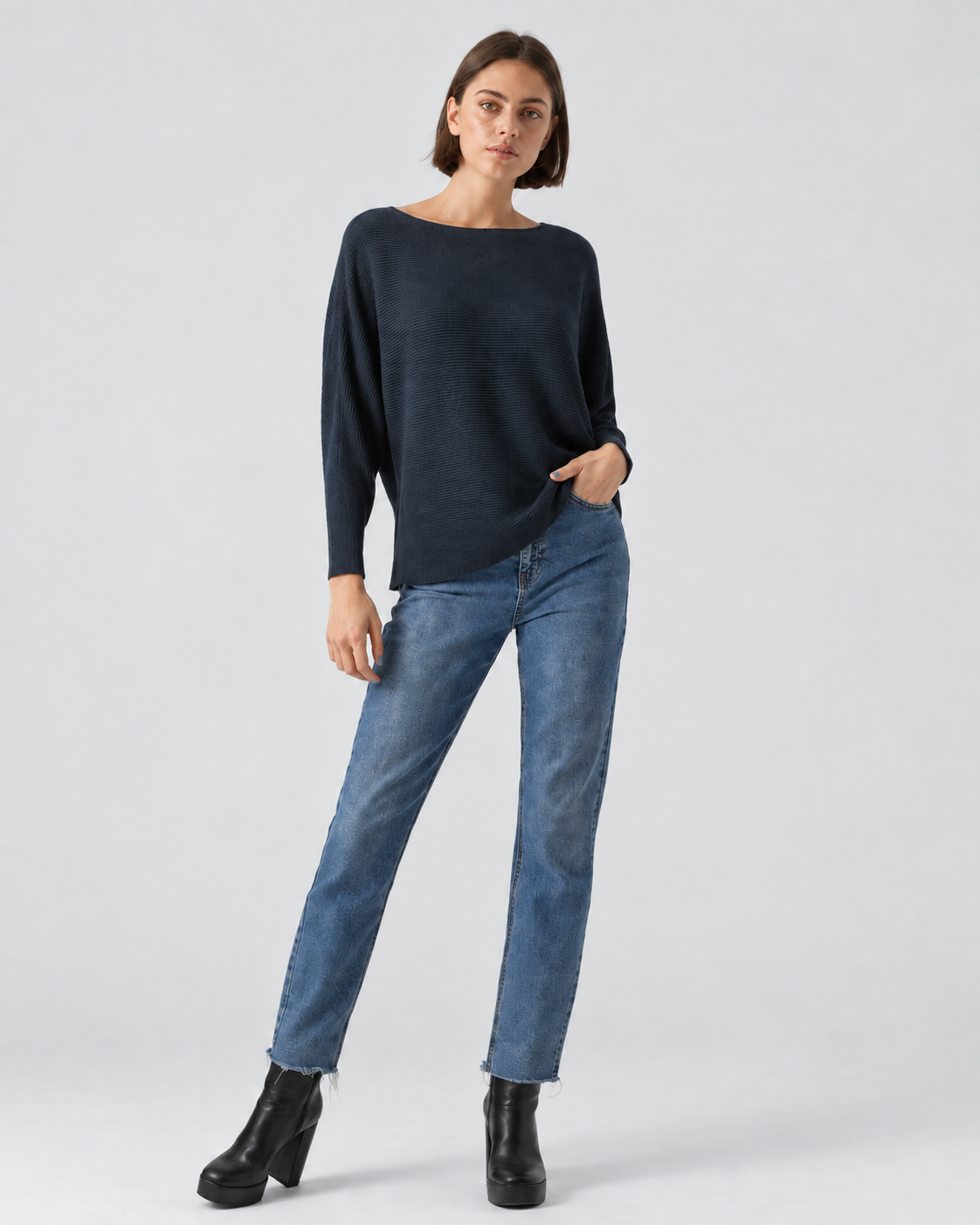 Ribbed Knit Jumper Navy Blue  ZS9011