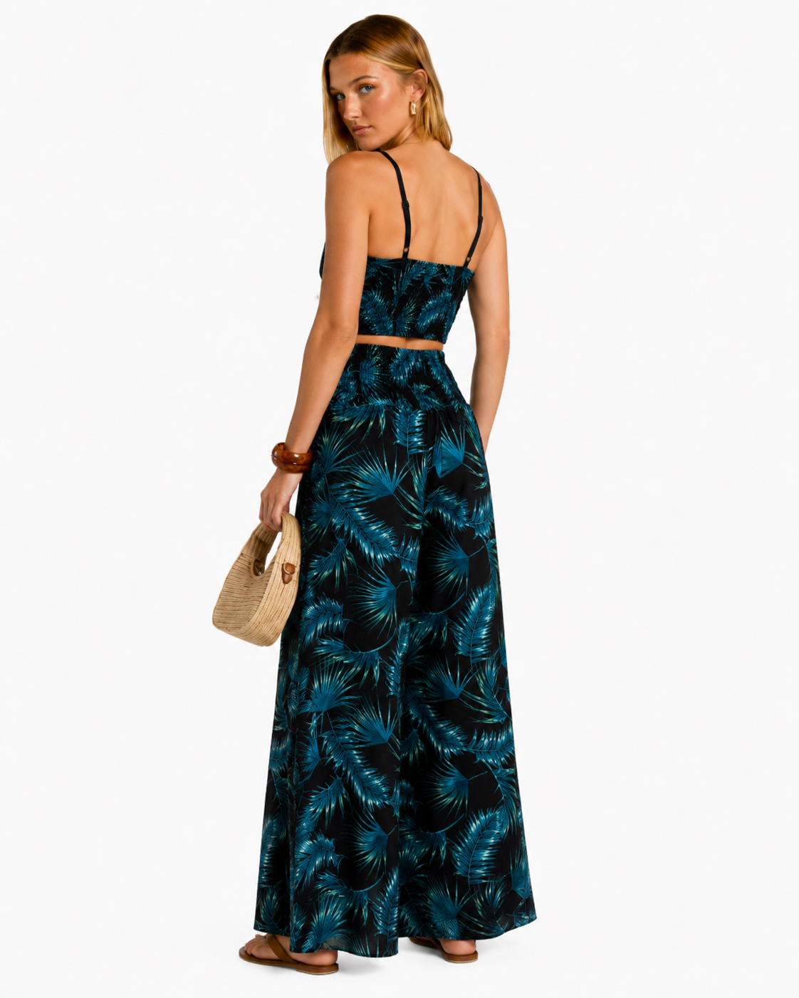 Wide Leg  Floral Trouser With Side Split And Top Black /Aqua
