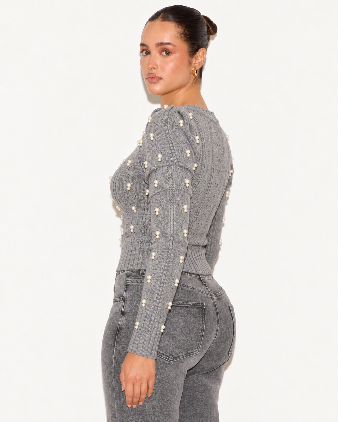 Pearl Embellished Cable Knit  Crop Jumper Grey    ZS5316