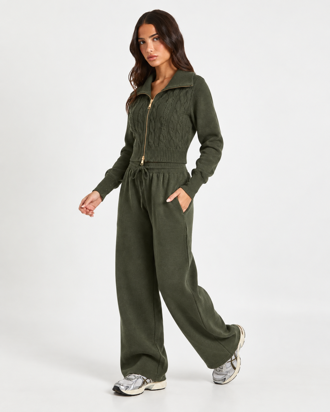 Knitted  Co-Ord Set Olive Green  F328