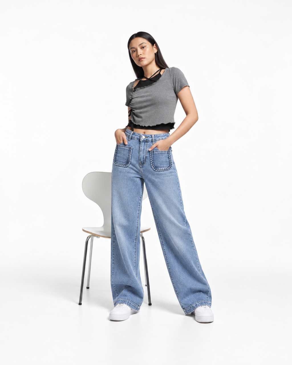 Vintage Inspired Braided Pocket Wide Leg Denim Jeans    Y6759R
