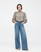 High-Neck Button-Front Blouse  Taupe   27211