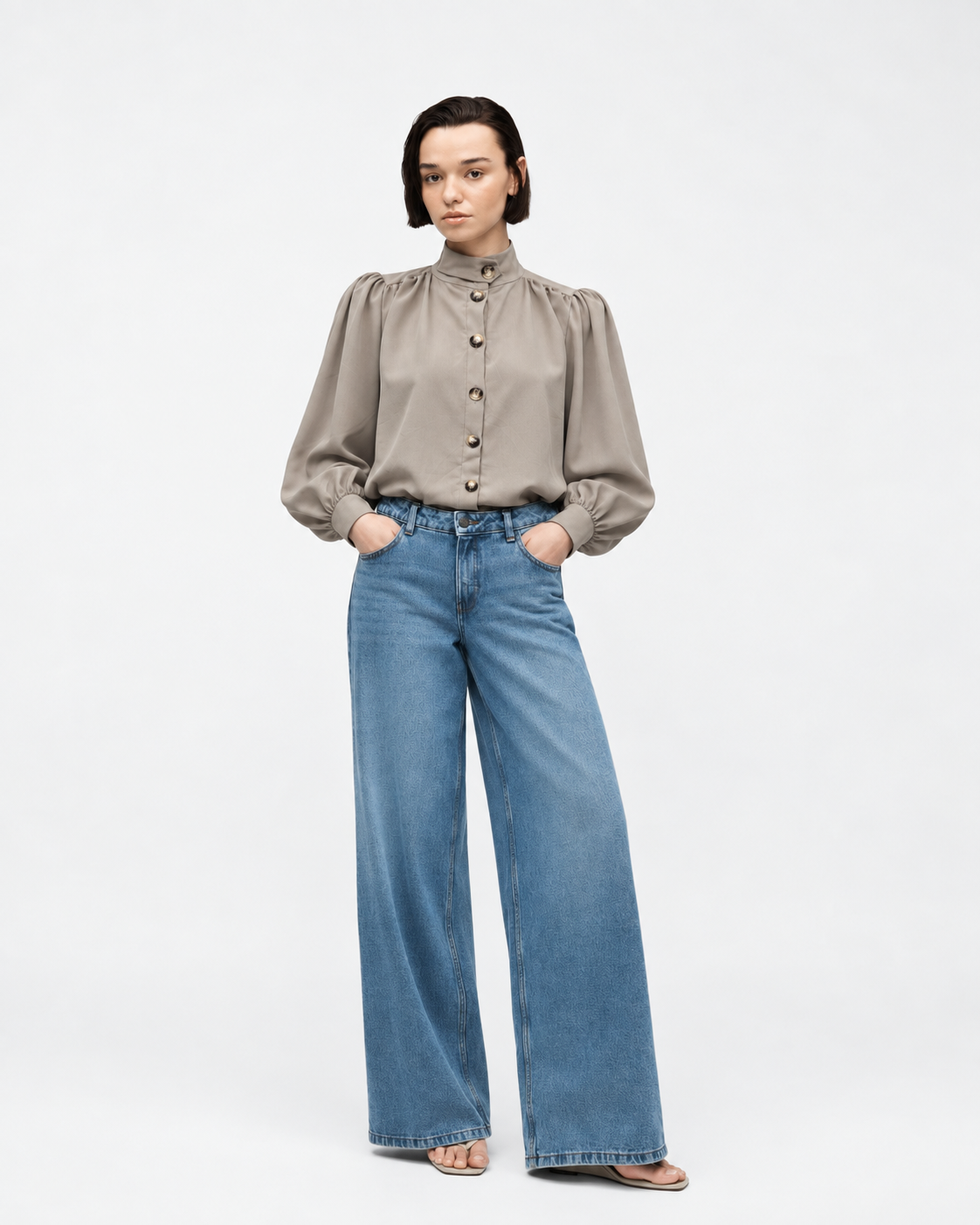 High-Neck Button-Front Blouse  Taupe   27211
