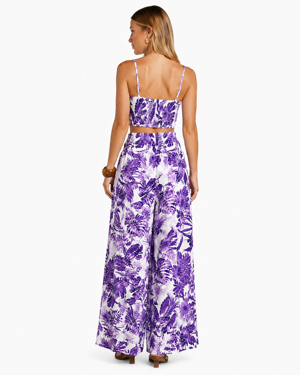 Wide Leg Floral Trouser With Side Split And Top  PURPLE/ WHITE