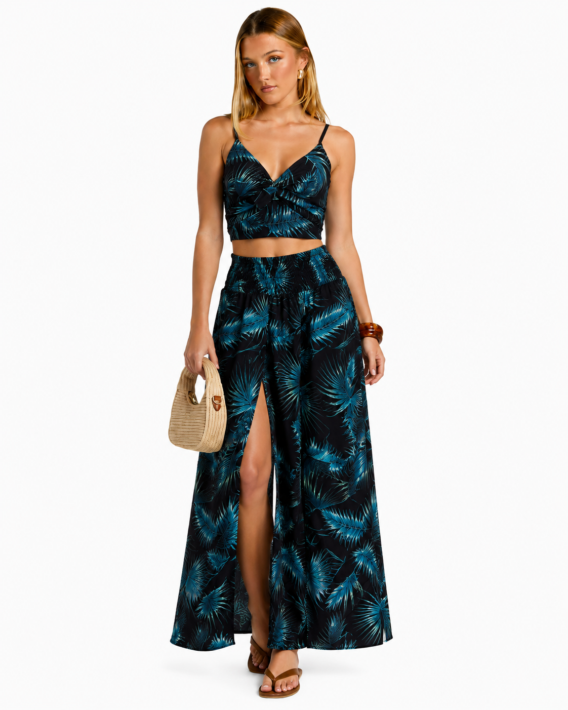 Wide Leg  Floral Trouser With Side Split And Top Black /Aqua