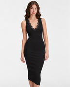 Ribbed Midi Dress with Lace V-Neck & Back Detail  Black M5242
