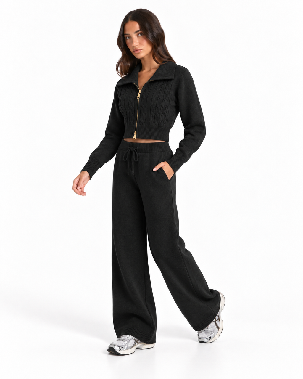 Knitted Co-Ord Set Black  F328