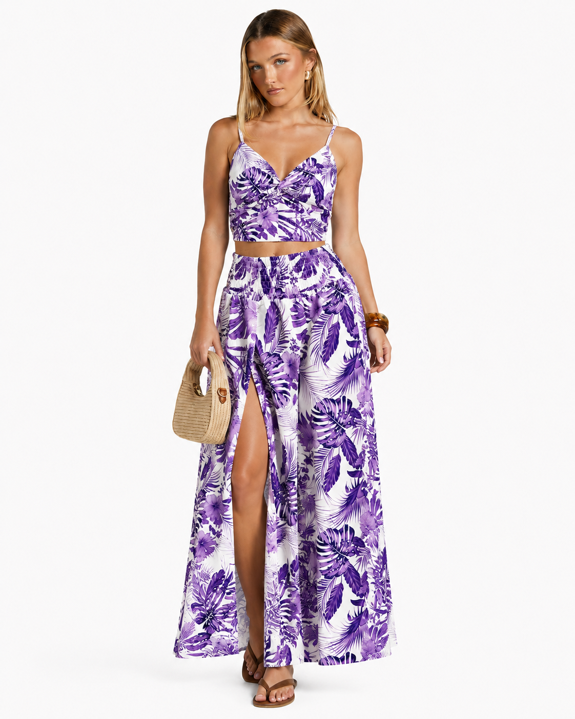 Wide Leg Floral Trouser With Side Split And Top  PURPLE/ WHITE