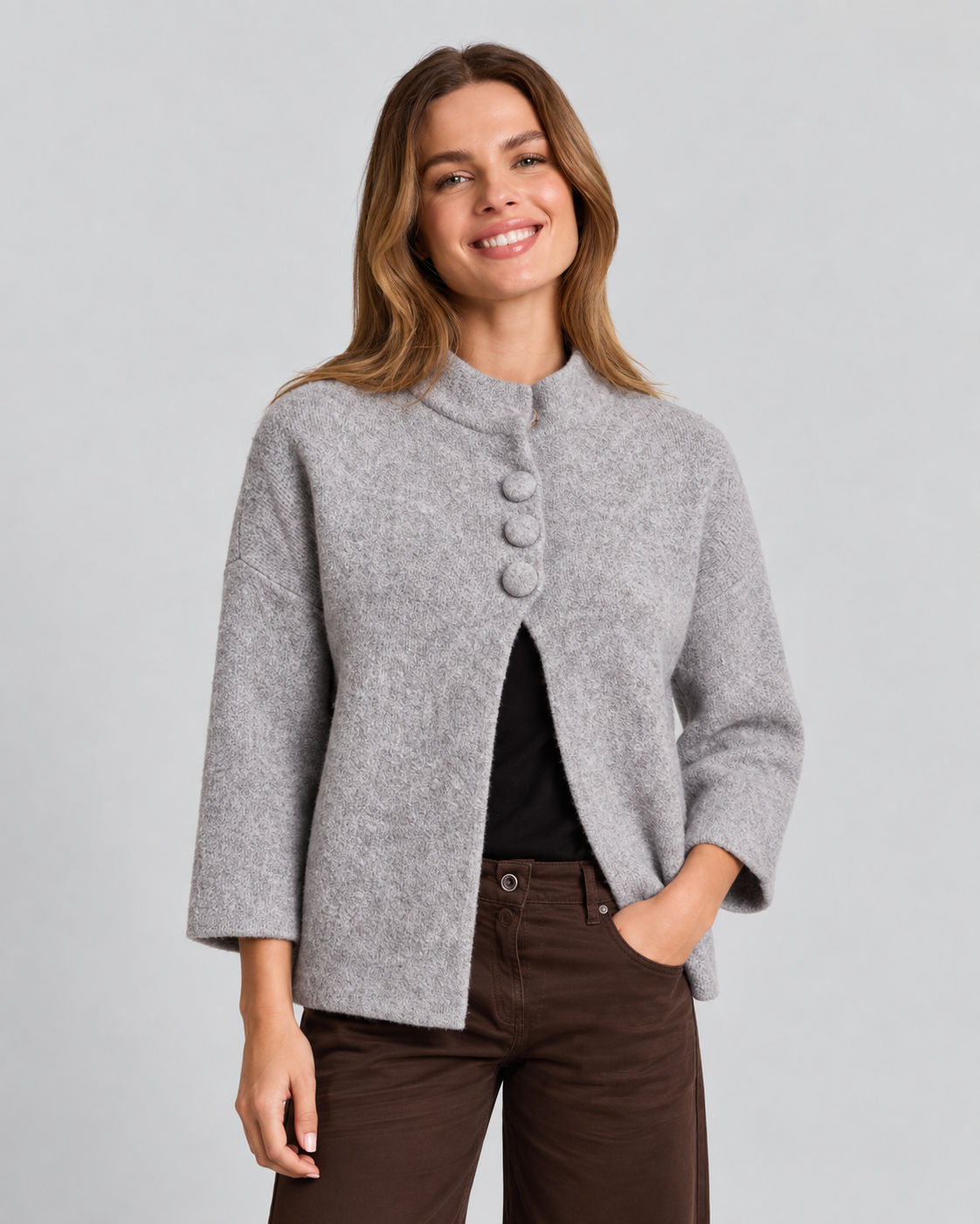 Button Front Textured Jacket Grey ZS8192