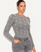 Pearl Embellished Cable Knit  Crop Jumper Grey    ZS5316