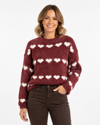 Heart Print Knit Jumper  Burgundy