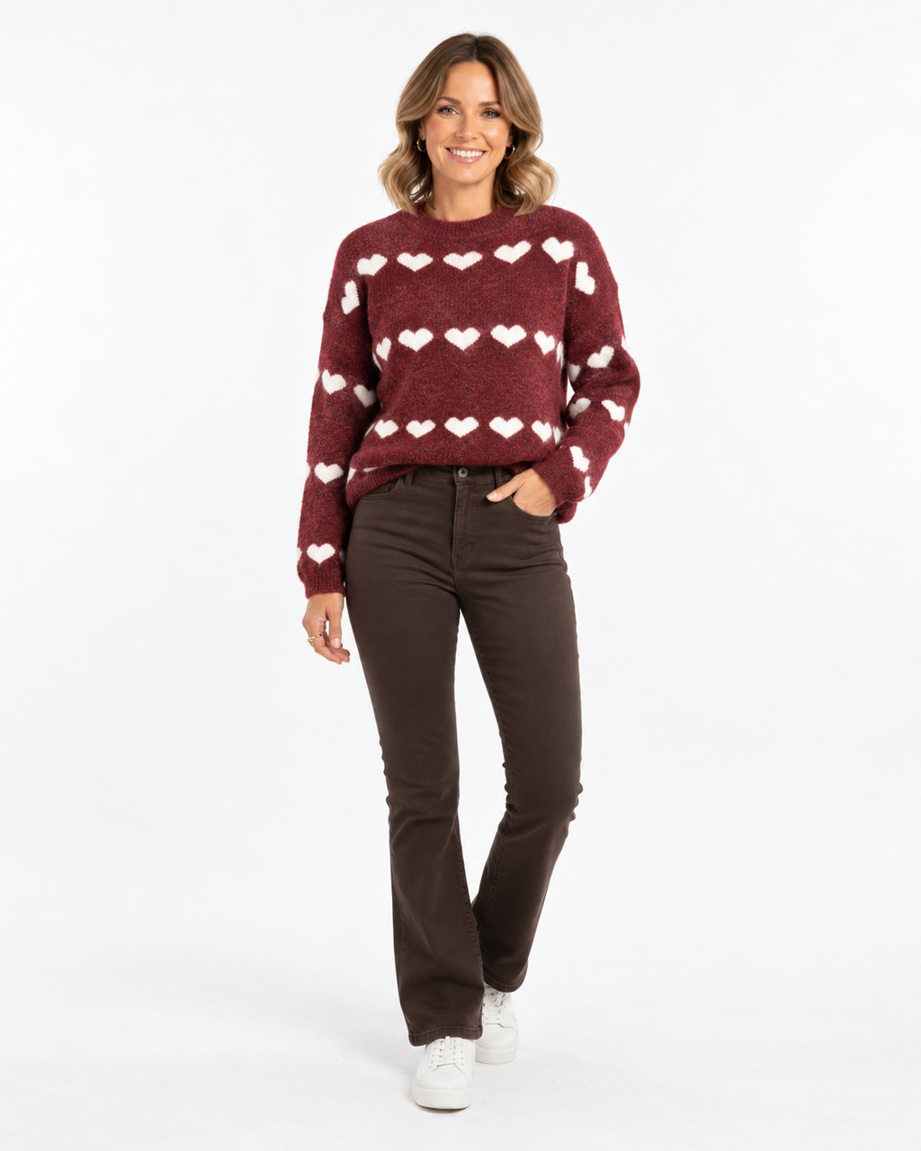 Heart Print Knit Jumper  Burgundy