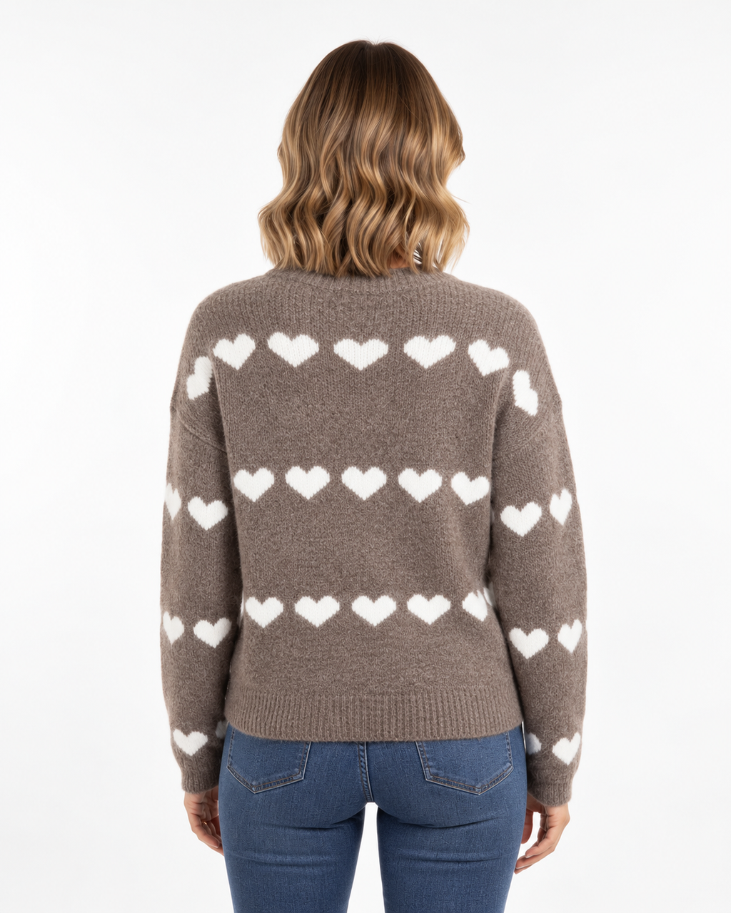Heart Print Knit Jumper Biege