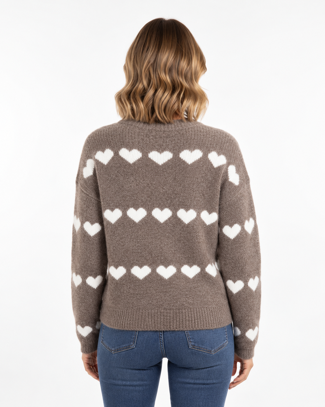Heart Print Knit Jumper Biege