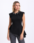 Peplum Top with  Silver Beaded Collar   Black