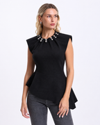 Peplum Top with  Silver Beaded Collar   Black