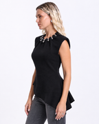 Peplum Top with  Silver Beaded Collar   Black