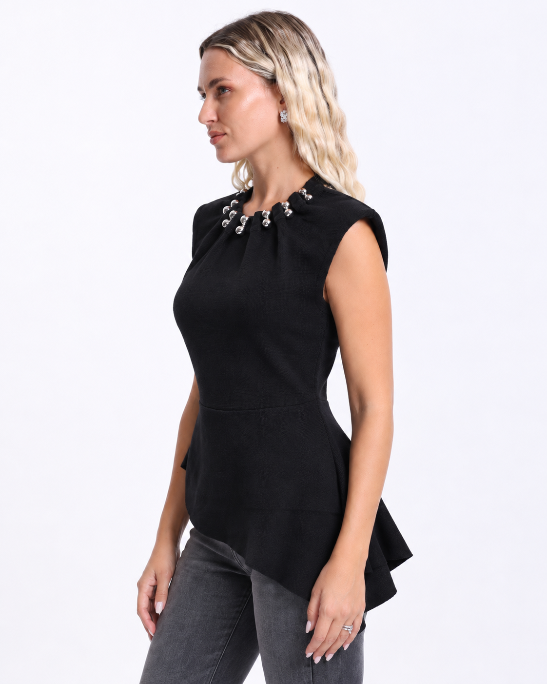 Peplum Top with  Silver Beaded Collar   Black