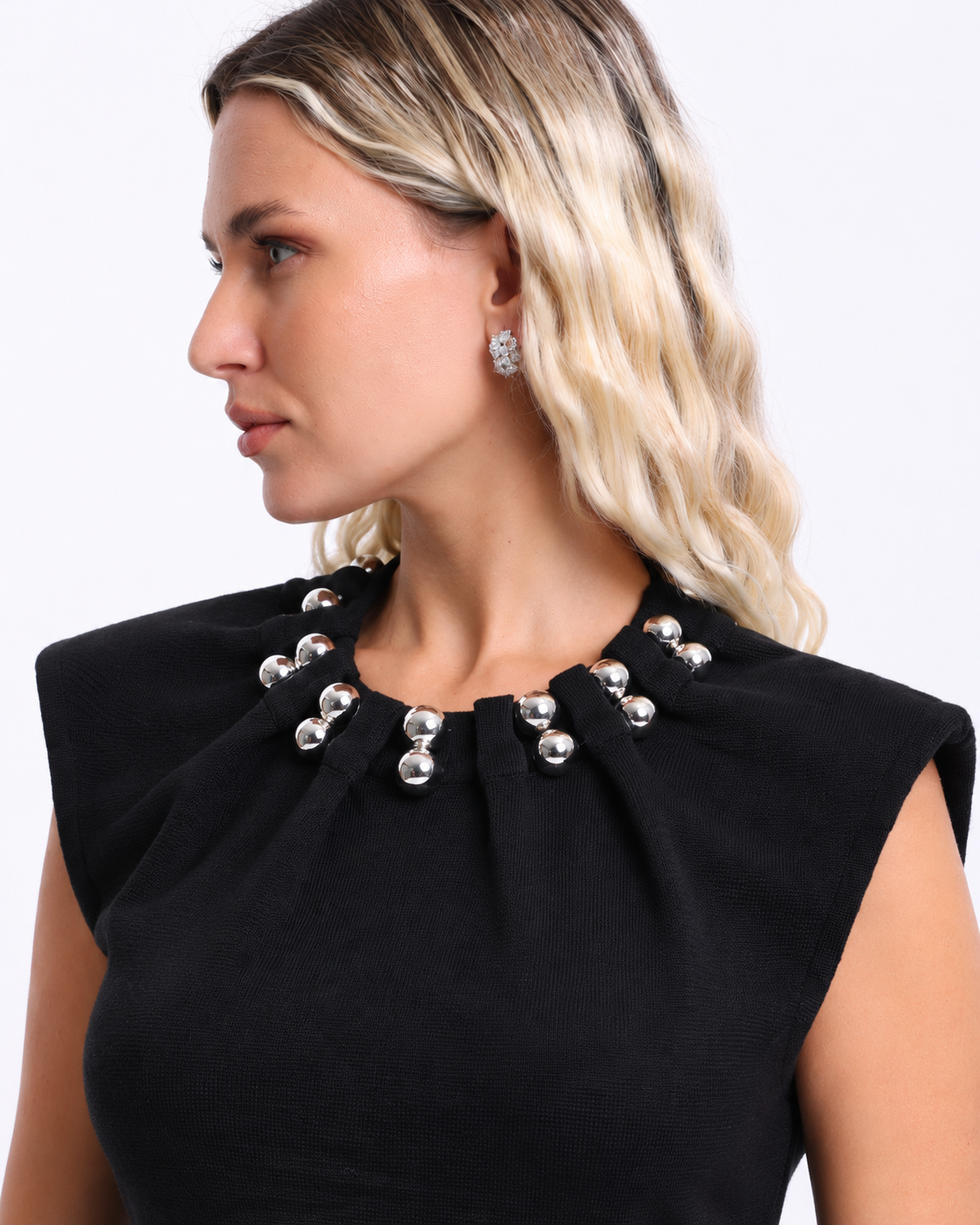 Peplum Top with  Silver Beaded Collar   Black