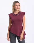 Peplum Top with  Silver Beaded Collar   Burgundy