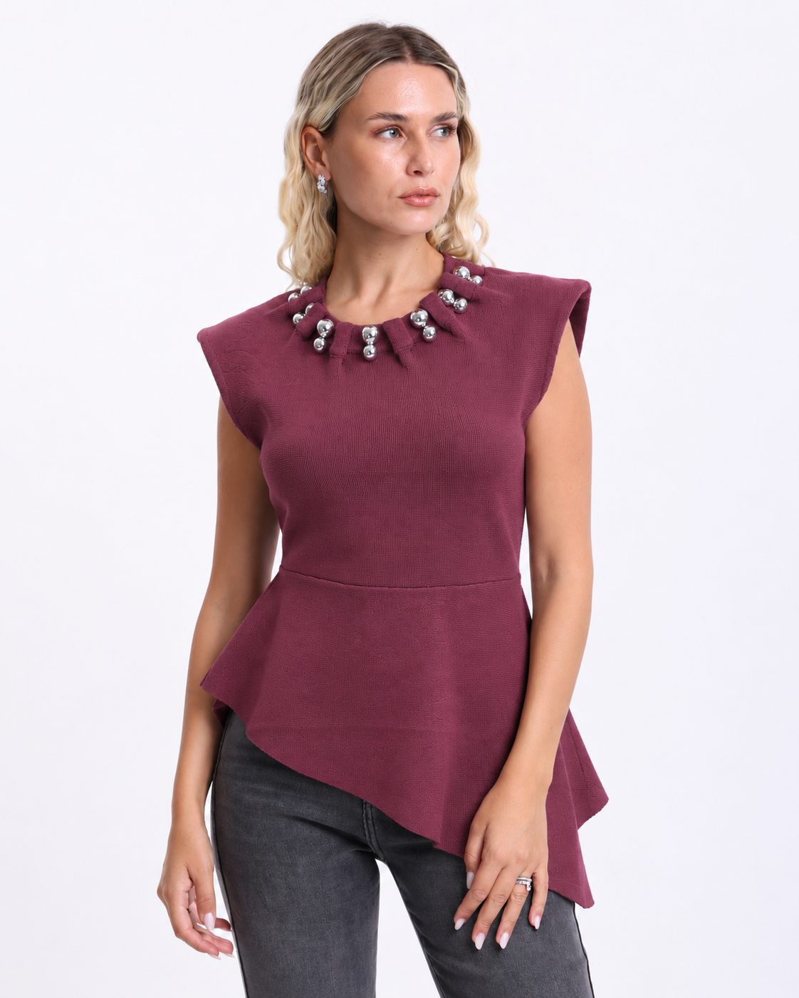 Peplum Top with  Silver Beaded Collar   Burgundy
