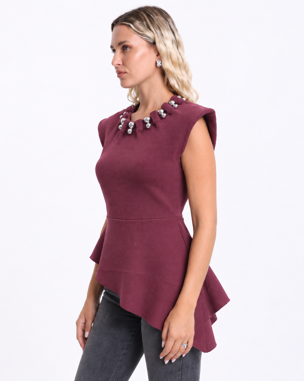Peplum Top with  Silver Beaded Collar   Burgundy