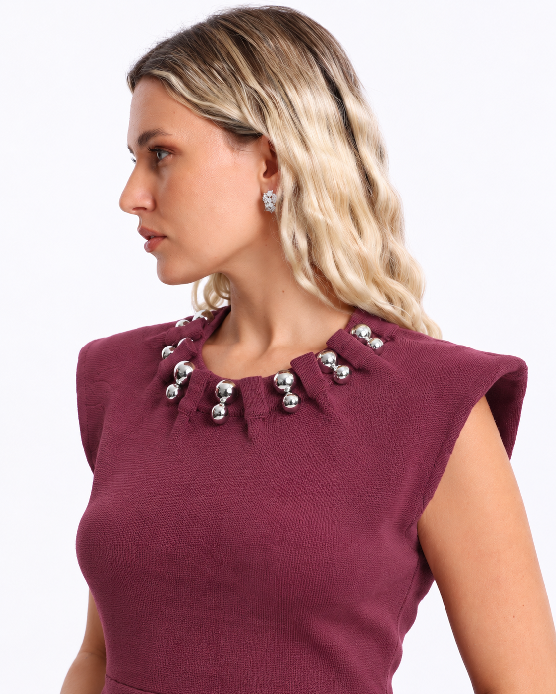 Peplum Top with  Silver Beaded Collar   Burgundy