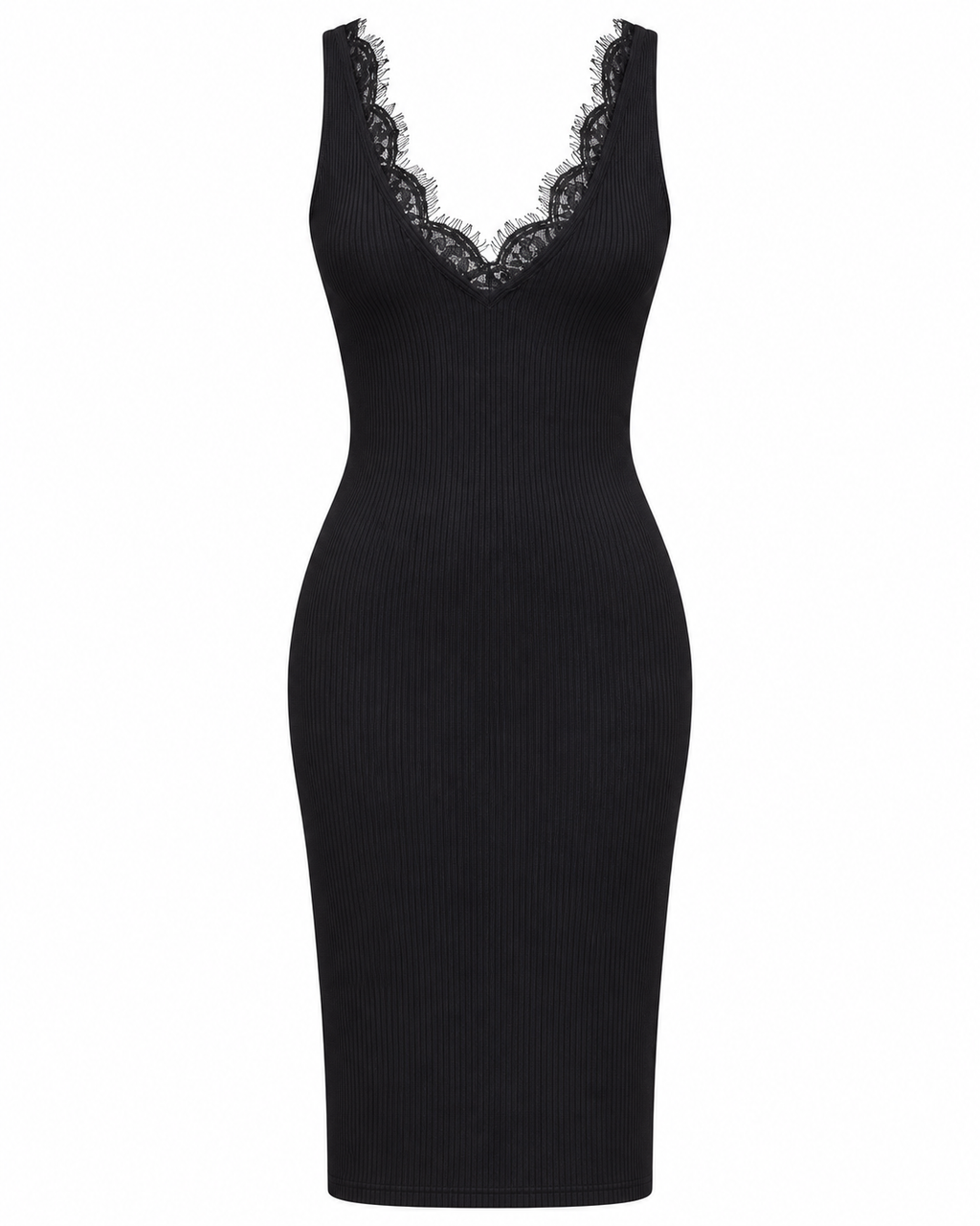Ribbed Midi Dress with Lace V-Neck & Back Detail  Black M5242