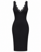 Ribbed Midi Dress with Lace V-Neck & Back Detail  Black M5242