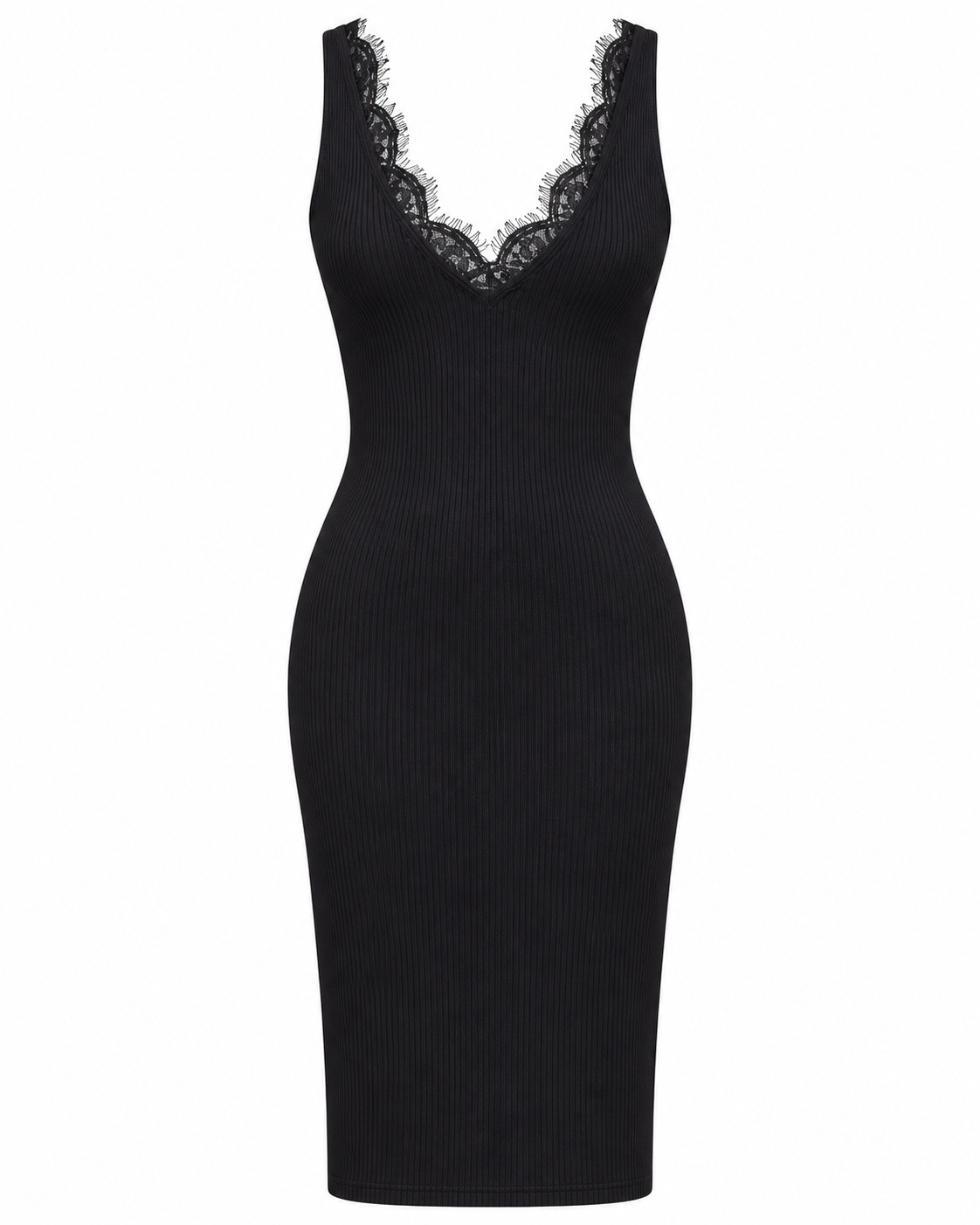 Ribbed Midi Dress with Lace V-Neck & Back Detail  Black M5242