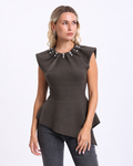 Peplum Top with  Silver Beaded Collar   Brown