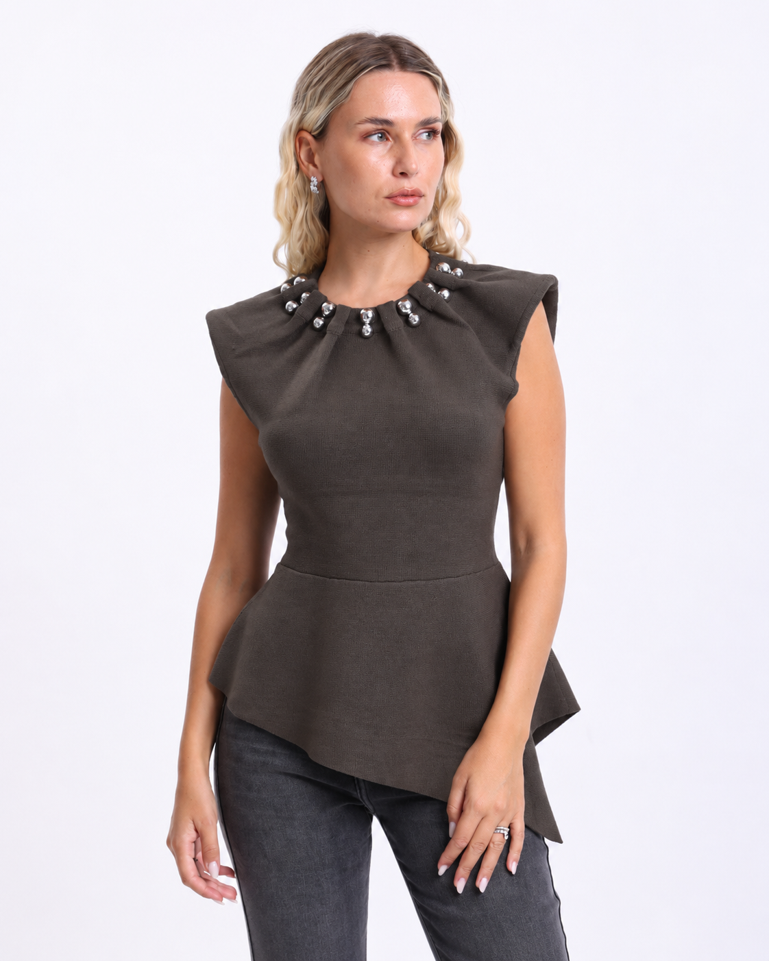 Peplum Top with  Silver Beaded Collar   Brown